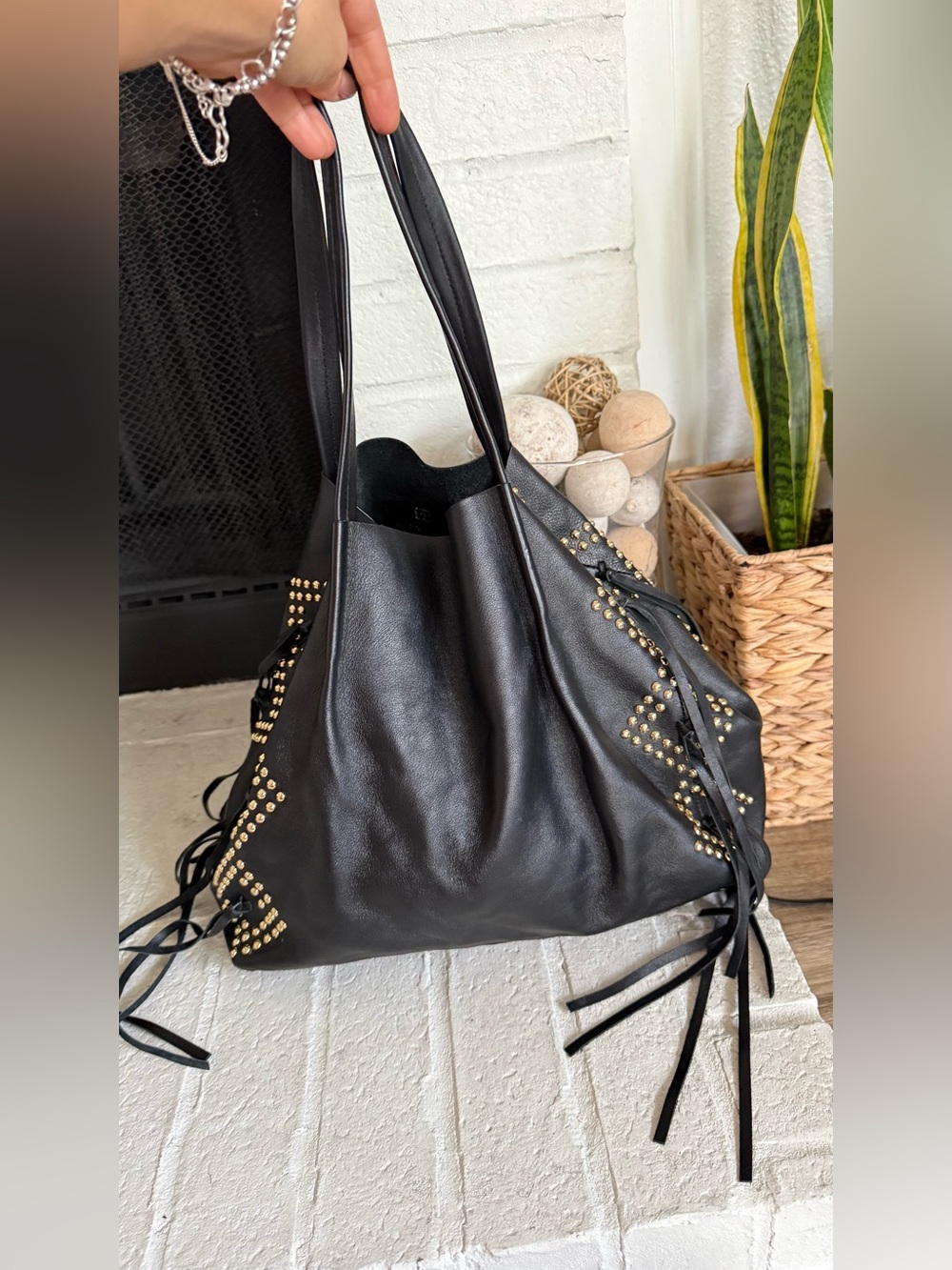 Blow The Belt Black Leather Studded Fringe Tote Bag Large Shoulder Bag Boho West - Picture 2 of 10